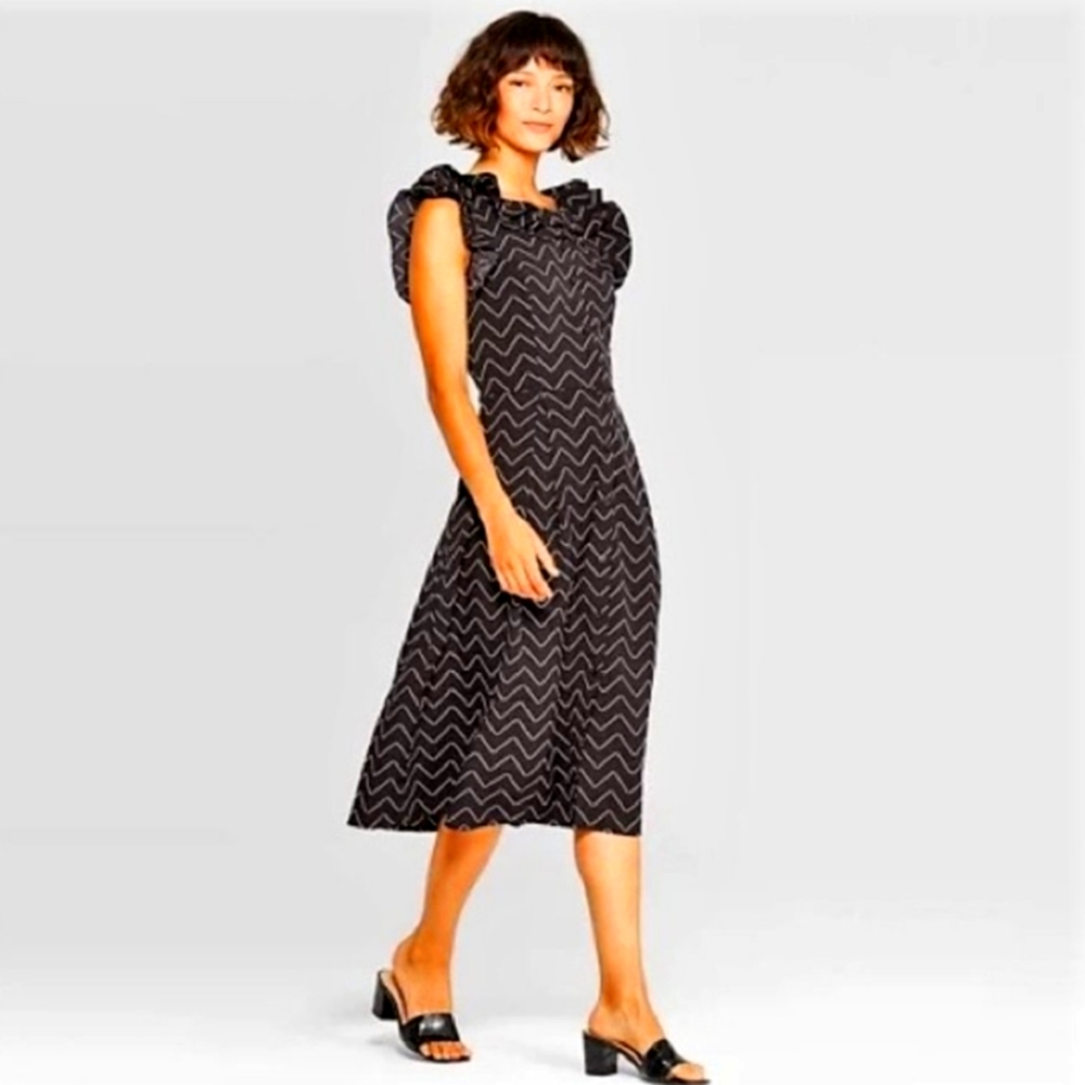 NWT Who What Wear Black and White Chevron A-Line Midi Dress Sz. XL